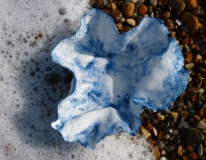 On Aldeburgh Beach. Porcelain and cobalt oxide c.15x15cm. Deborah Jaffé 2016