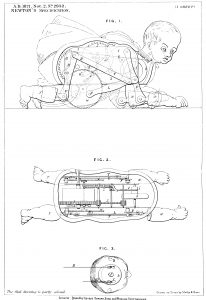 Patent diagram showing the complexity of the mechanical movements inside Louis Schmetzer's 1871 Creeping Baby Doll. A rod could be added to the axle and another doll attached to make creeping twins. Patent GB 2942/1871