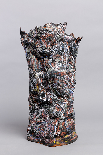 Transient Memory1 front. Earthenware, paper, wax resist, 70cm high. Photograph: Tim Bowditch 